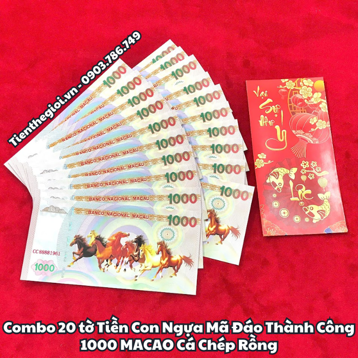 Combo 20 tờ Tiền Lưu Niệm 1000 Macao Mã Đáo Thành Công Cá Chép Rồng